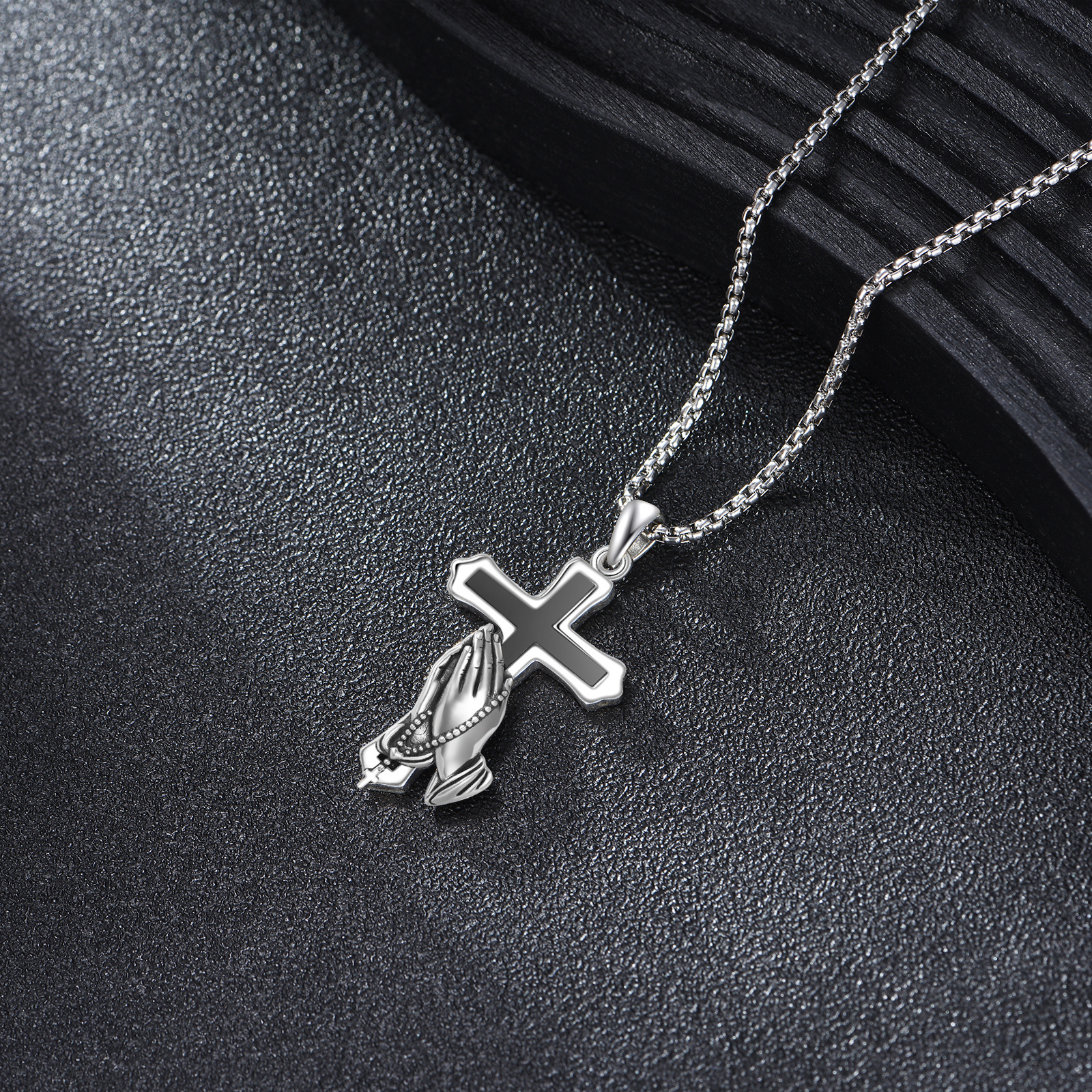 925 Sterling Silver Praying Hands Necklace with Cross